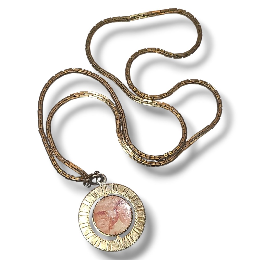 Vintage 70s Gold Plated Spinner Photo Pendant Necklace Double Sided Locket 24in‎